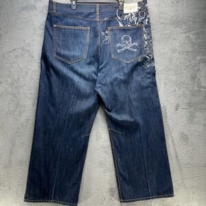 VTG Rocawear Custom Fit Jeans Mens 44 Dark Wash Skull Embroidery Y2K Baggy Denim